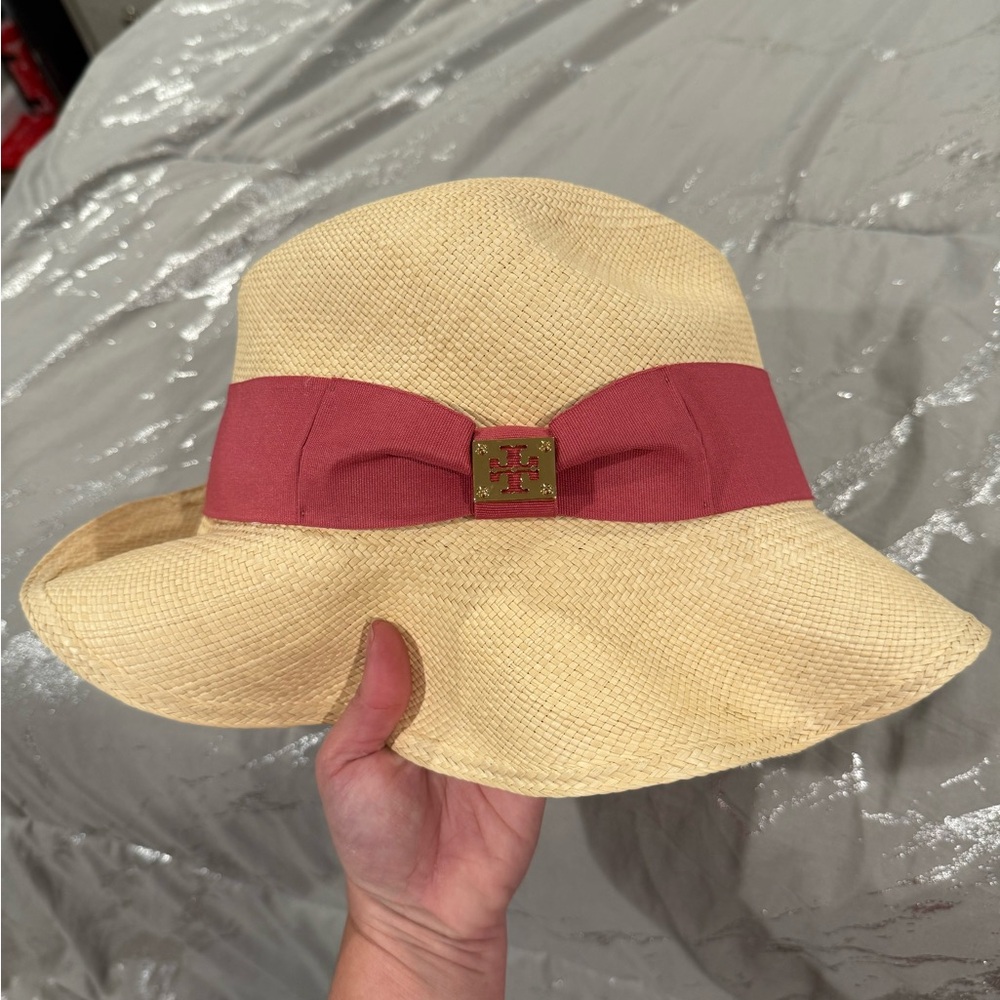 Authentic Tory Burch Raffia Fedora Pink Ribbon and gold Logo plate